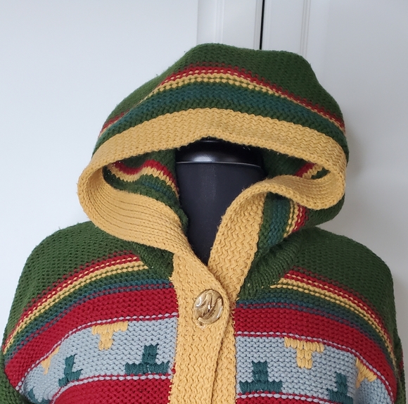 RARE VINTAGE Colorful Hooded Belted Knit Maxi Sweater